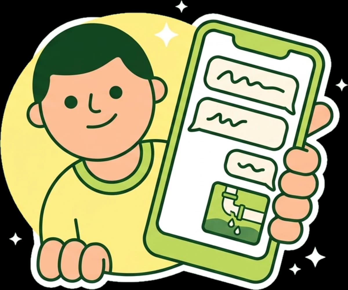 Illustrazione: una persona mostra il telefono con la chat aperta e la foto del guasto