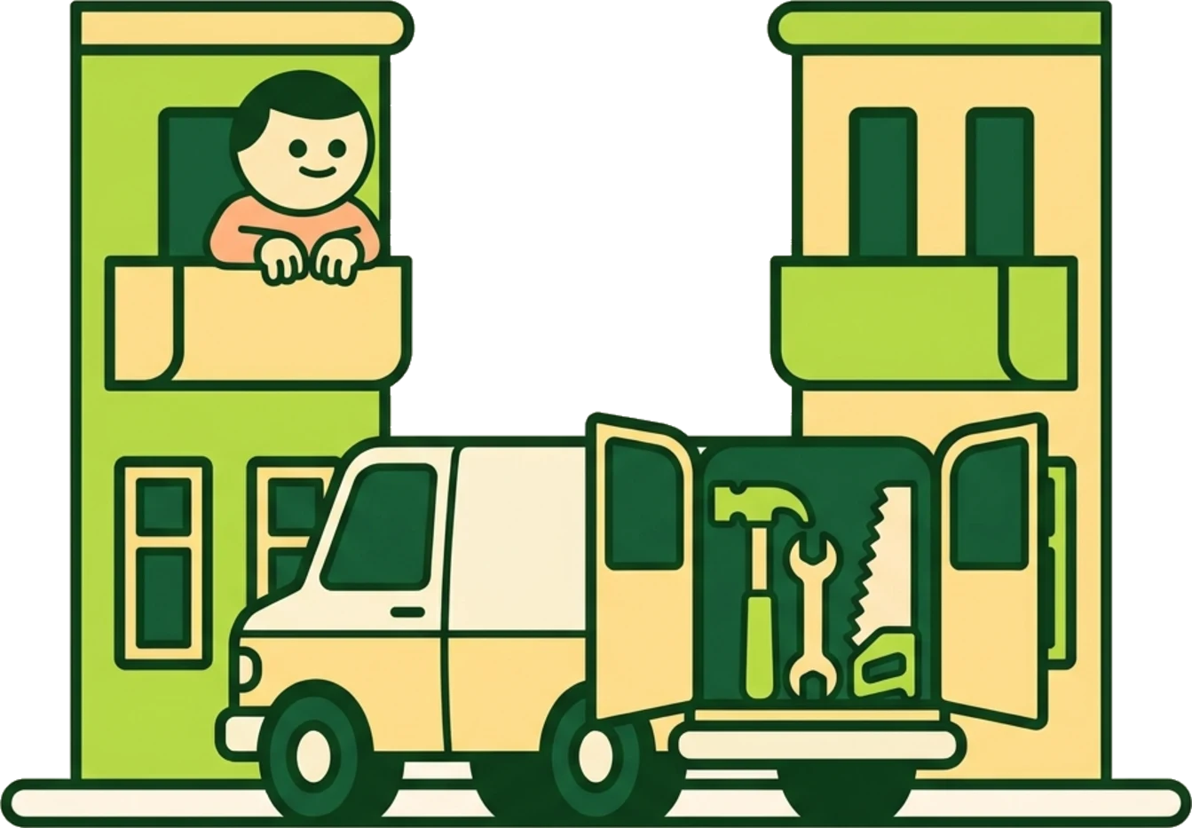 Illustrazione: un furgone da lavoro con le porte aperte in una strada stretta del centro