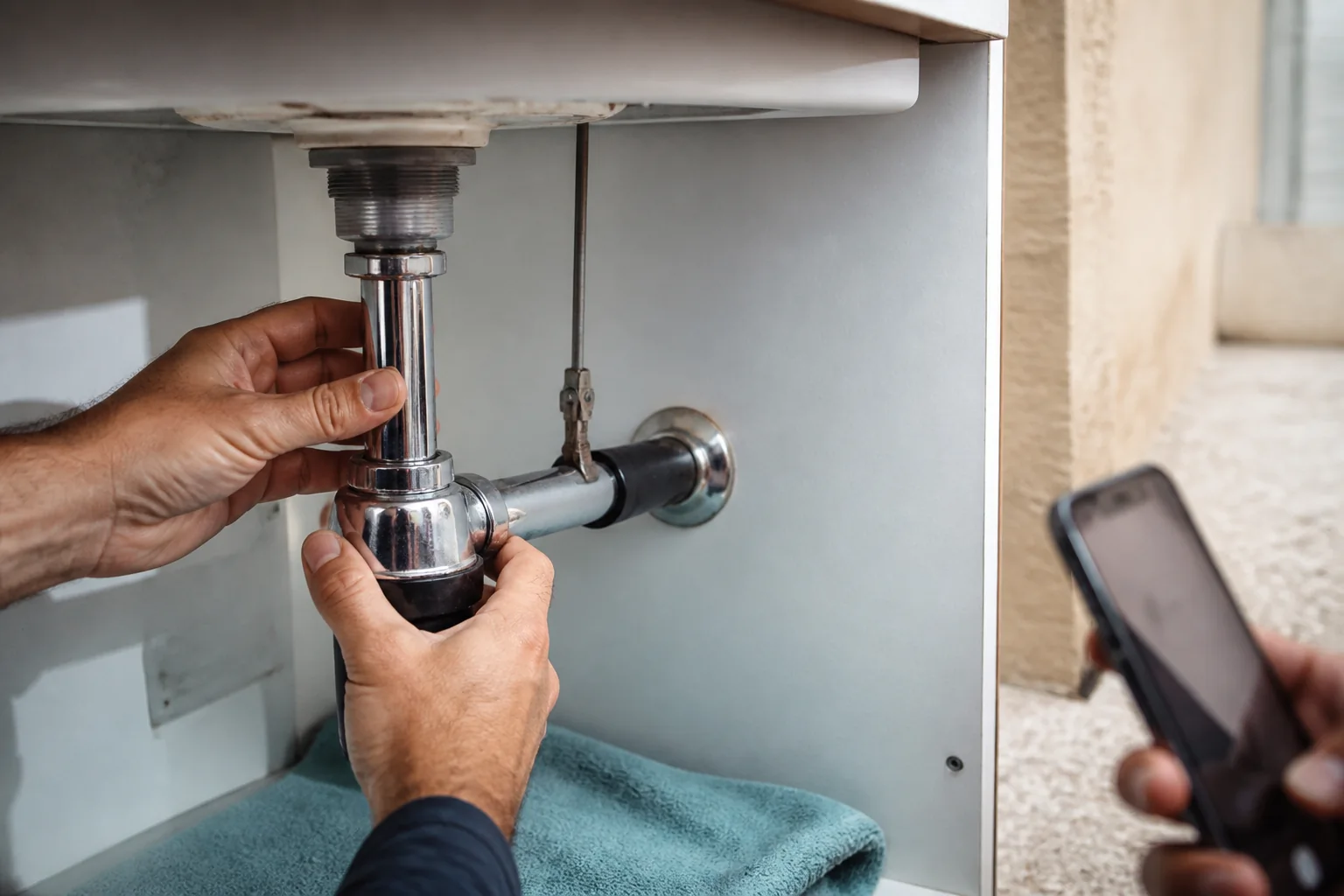 Mani che regolano il raccordo di un tubo sotto un lavabo