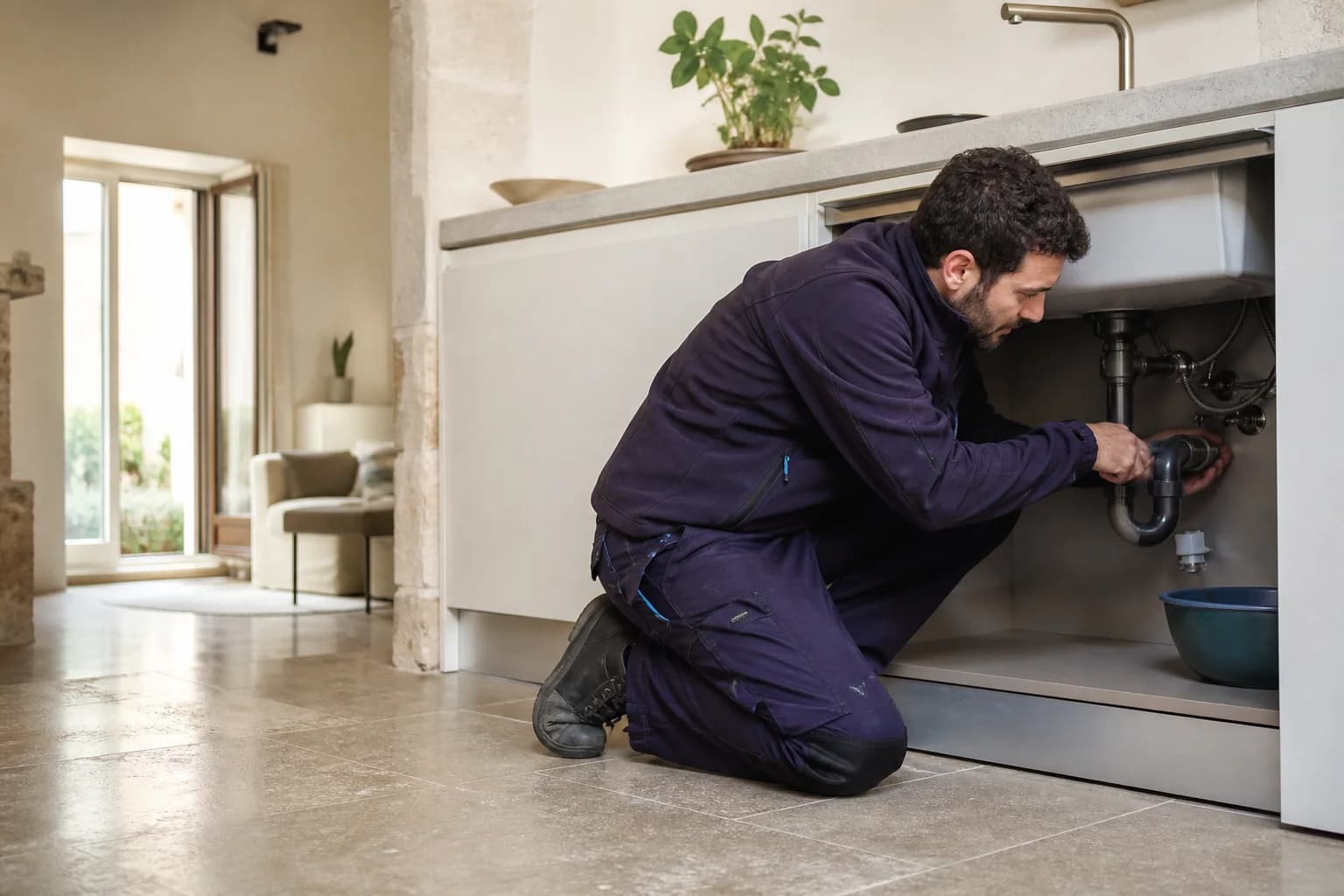 Un idraulico controlla la tubatura sotto il lavello in un appartamento di Bari